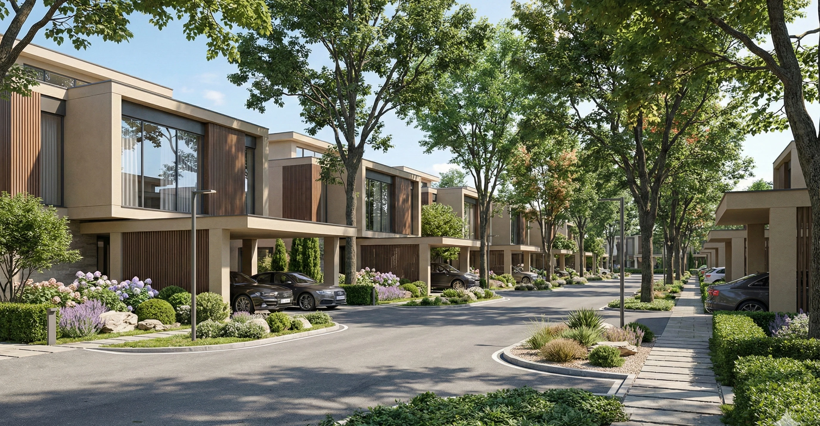 Modern hotel lobby with sleek reception desk and seating.